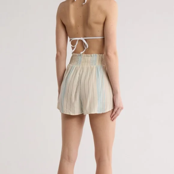 Elan Smocked High Waist Cream and Blue Striped Faux Wrap Coverup Shorts - Picture 10 of 11